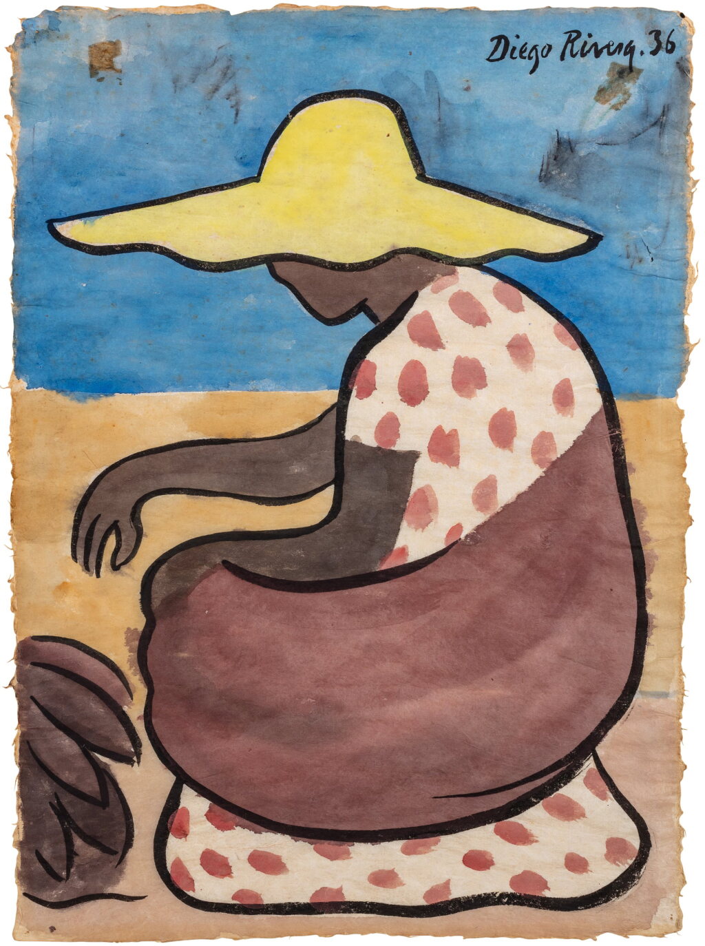 View full screen - View 1 of Lot 75. Mujer sentada de perfil con sombrero amarillo.