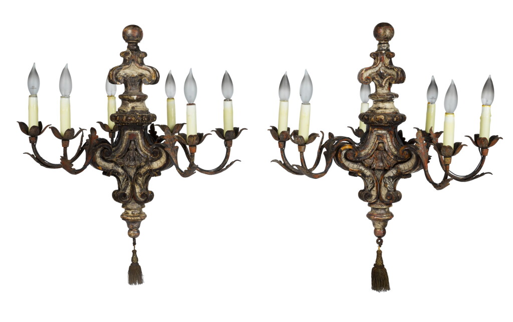 View full screen - View 1 of Lot 566. A Pair of Venetian Baroque Style Carved and Silvered Wood Six-Light Chandeliers, 19th Century .