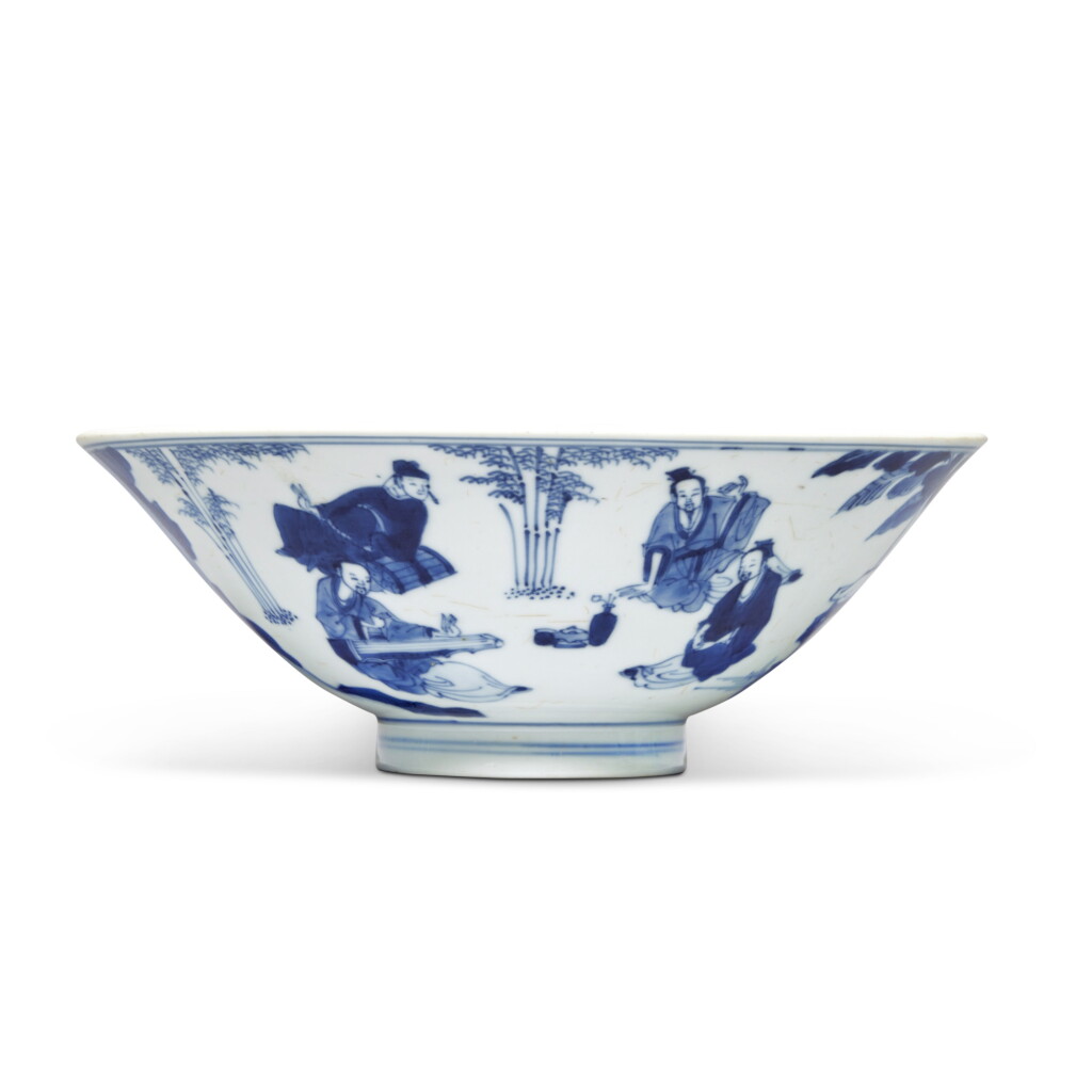 View full screen - View 1 of Lot 318. A blue and white 'Seven Sages of the Bamboo Grove' bowl, Qing dynasty, Kangxi period | 清康熙 青花竹林七賢圖盌 .
