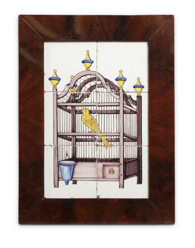 View full screen - View 1 of Lot 38. A Dutch Delft polychrome birdcage tile picture, late 18th century | Plaque de six carreaux en faïence de Delft représentant une cage à oiseaux, fin du XVIIIe siècle.