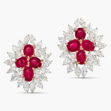 View full screen - View 1 of Lot 1441. Pair of Ruby and Diamond Earrings | 紅寶石 配 鑽石 耳環一對.