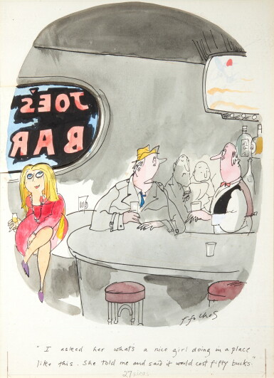View full screen - View 1 of Lot 57. Michael ffolkes | "I asked her what's a nice girl doing...", ink and watercolour drawing, framed and glazed.