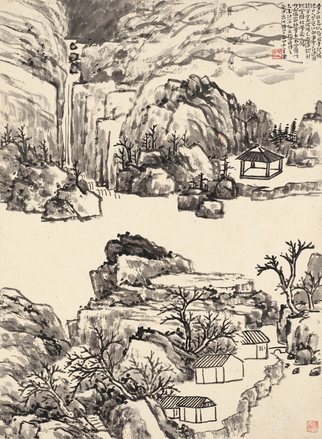 View full screen - View 1 of Lot 3064. 陳衡恪 槐堂依舊圖 | Chen Hengke, Thatched Huts by the Stream.