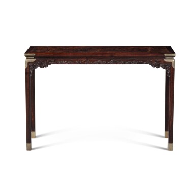 View full screen - View 1 of Lot 50. A rare burlwood-inset 'zitan' waisted side table (Tiaozhuo), Qing dynasty, 18th century.