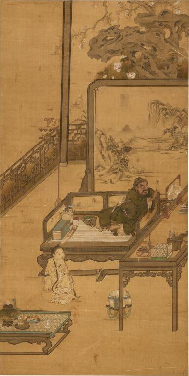 View full screen - View 1 of Lot 9058. 佚名(十七世紀) 鍾馗擊磬圖 | Anonymous (Qing Dynasty), Zhong Kui striking a chime.