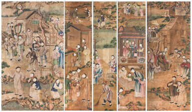 View full screen - View 1 of Lot 97. A SUITE OF FIVE CHINESE EXPORT WALLPAPER PANELS, CHINA, QING DYNASTY, 18TH CENTURY | ENSEMBLE DE CINQ LÉS DE PAPIER PEINT, CHINE, DYNASTIE QING, FIN DU XVIIIE SIÈCLE.