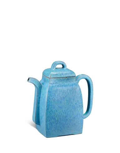 View full screen - View 1 of Lot 9900. A robin's-egg glazed Yixing square teapot and cover, Qing dynasty, late 18th century | 清十八世紀晚期 紫砂爐鈞釉方壺.