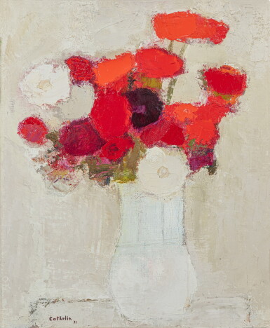 View full screen - View 1 of Lot 100. Bouquet rouge au pot blanc.