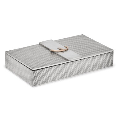 View full screen - View 1 of Lot 239. A cased French silver cigarette box, retailed by Hermès, Paris, 20th century.