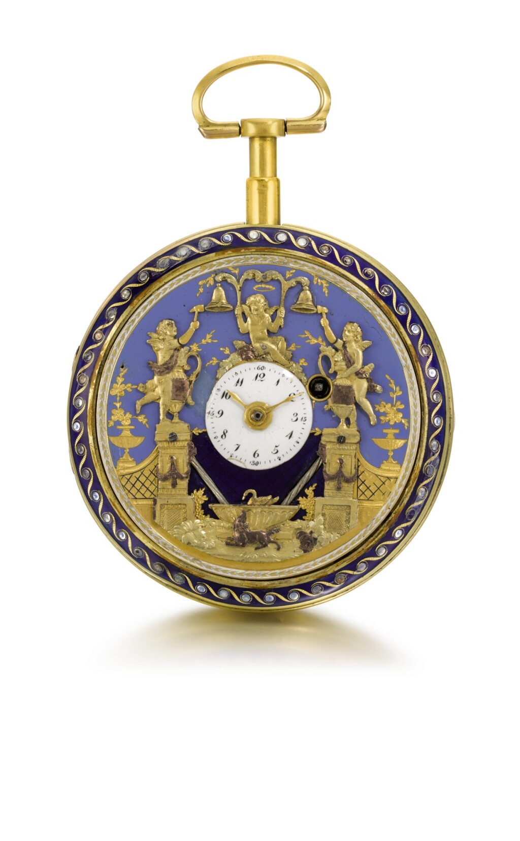 View full screen - View 1 of Lot 26. SWISS | A GOLD AND ENAMEL QUARTER REPEATING WATCH WITH DOUBLE WATERFALL AUTOMATA AND JACQUEMARTS CIRCA 1800.