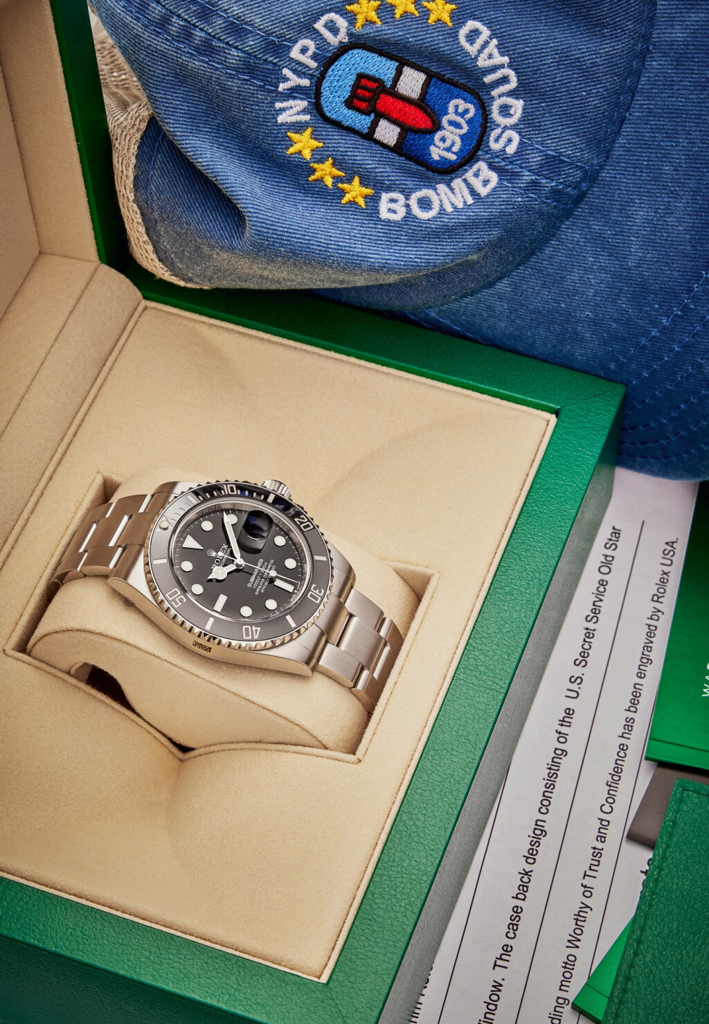 View full screen - View 1 of Lot 175. Reference 126610LN Submariner | A stainless steel automatic wristwatch with date, bracelet, and Secret Service engraved case back, Circa 2020.