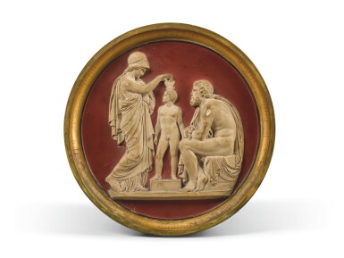 View full screen - View 1 of Lot 80. AFTER MODELS BY BERTEL THORVALDSEN (1770-1884) IPSEN FACTORY, DANISH, COPENHAGEN, 19TH CENTURY | PAIR OF RELIEFS WITH HERCULES RECEIVING THE CUP OF IMMORTALITY FROM HEBE AND MINERVA BREATHING LIFE INTO THE HUMAN CREATED BY PROMETHEUS.