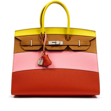 View full screen - View of Limited Edition Lime, Rose Confetti, Sesame and Terre Battue Epsom Sunrise Birkin 35 Sellier Palladium Hardware, 2020.