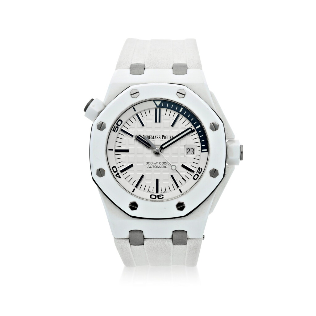 View full screen - View 1 of Lot 186. REFERENCE 15707CB.OO.A010CA.01 ROYAL OAK OFFSHORE DIVER A WHITE CERAMIC AND TITANIUM AUTOMATIC WRISTWATCH WITH DATE, CIRCA 2015.