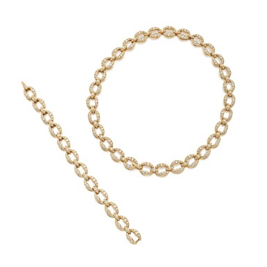 View full screen - View 1 of Lot 85. Tiffany & Co. | Gold and Diamond Necklace and Bracelet.