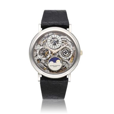 View full screen - View 1 of Lot 214. Reference 43032 Quantieme Perpetuel | A platinum skeletonized automatic perpetual calendar wristwatch with moon phases and leap year indication, Circa 1990.