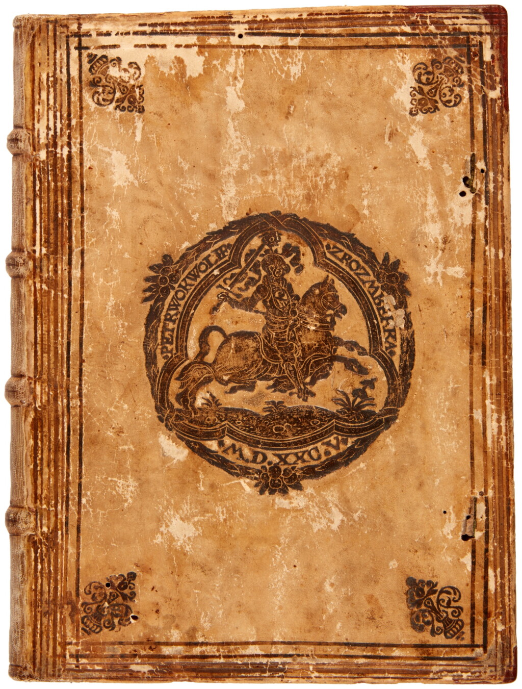 View full screen - View 1 of Lot 1682. Feyerabend, Wapen und Stammbuch, Frankfurt, 1589; Paprocki, Prognostica virtutum cardinalum, Prague, 1589, Bohemian pigskin binding for Peter Wok Wolff von Rosenberg.