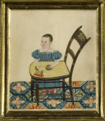 ATTRIBUTED TO SARAH GARDNER | PORTRAIT OF A CHILD IN A BLUE DRESS LEANING ON A FANCY CHAIR, WITH BALL AND HORSE TOY