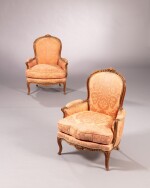 A pair of late Louis XV beechwood bergères en gondole, after 1771, stamped by Jean-Nicolas Blanchard | Paire de bergères en gondole en hêtre de la fin de l'époque Louis XV, après 1771, estampille de Jean-Nicolas Blanchard