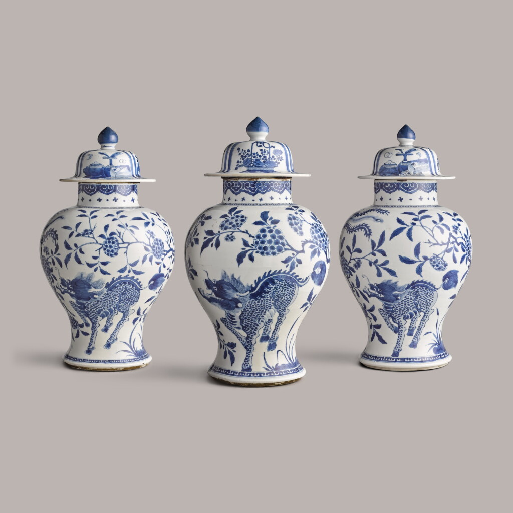 View full screen - View 1 of Lot 308. Three blue and white baluster vases and covers Qing Dynasty, Kangxi Period | 清康熙 青花瑞獸圖大蓋罐一組三件.