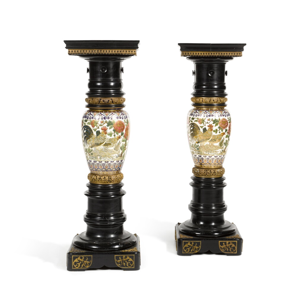 View full screen - View 1 of Lot 61. A pair of ebonized fruitwood and porcelain pedestals, the porcelain by the Zsolnay manufactory, circa 1890.