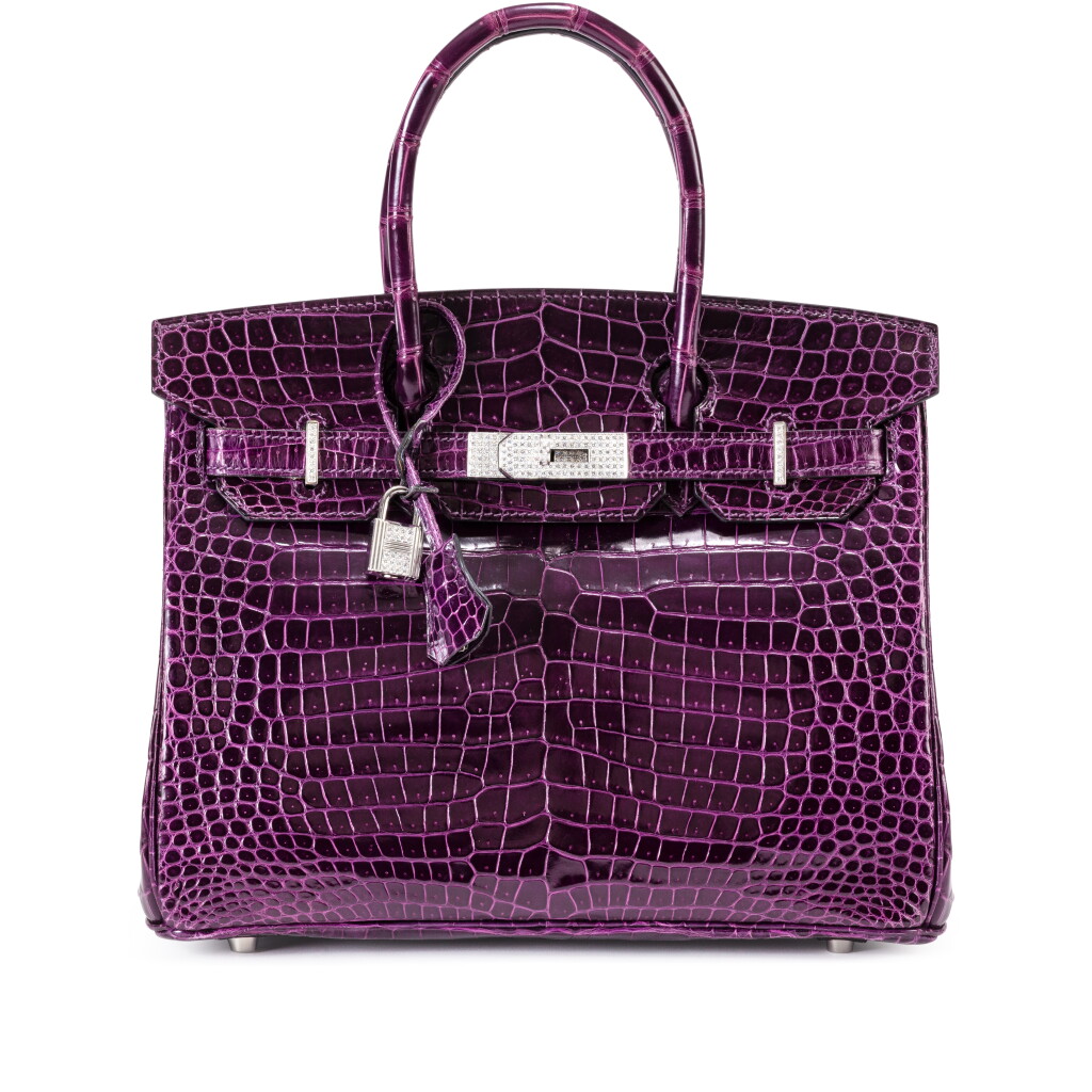 View full screen - View 1 of Lot 450. Améthyste Shiny Porosus Crocodile Birkin 30 18K White Gold and Diamond Hardware, 2010.