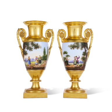 View full screen - View 1 of Lot 563. A Pair of Paris Gold-Ground Vases, probably decorated in Naples by Raffaele Giovine, Circa 1825.
