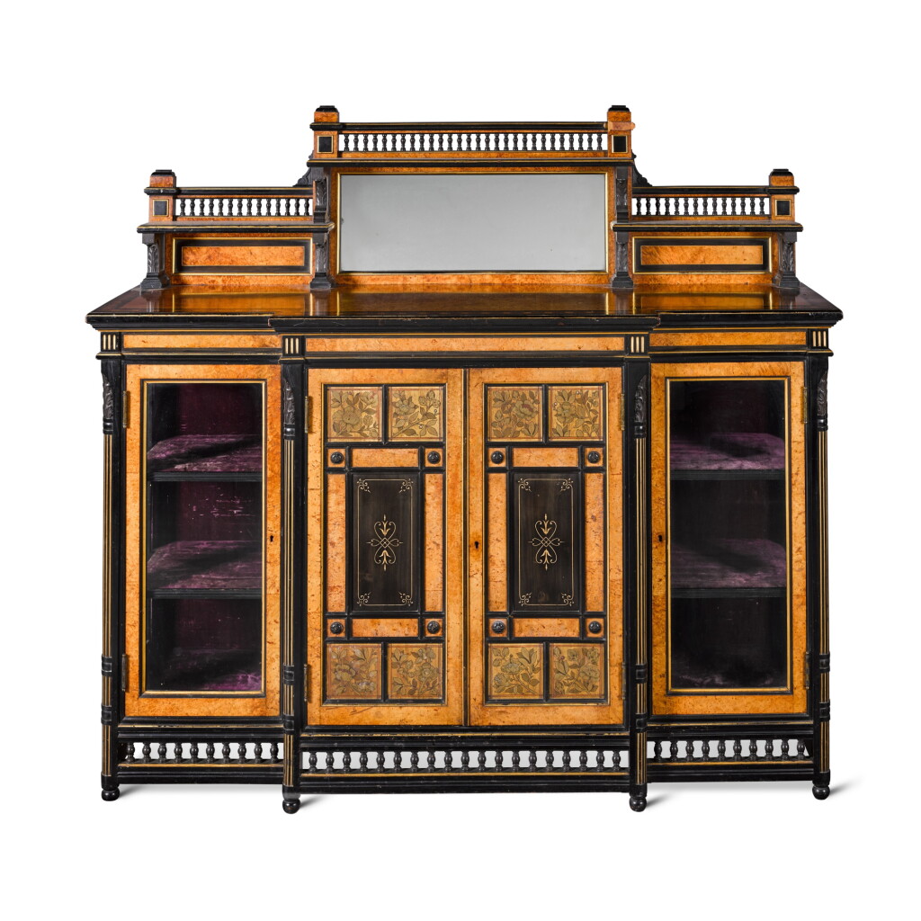 View full screen - View 1 of Lot 151. An Aesthetic Movement amboyna, ebonised and parcel-gilt side cabinet, circa 1870.