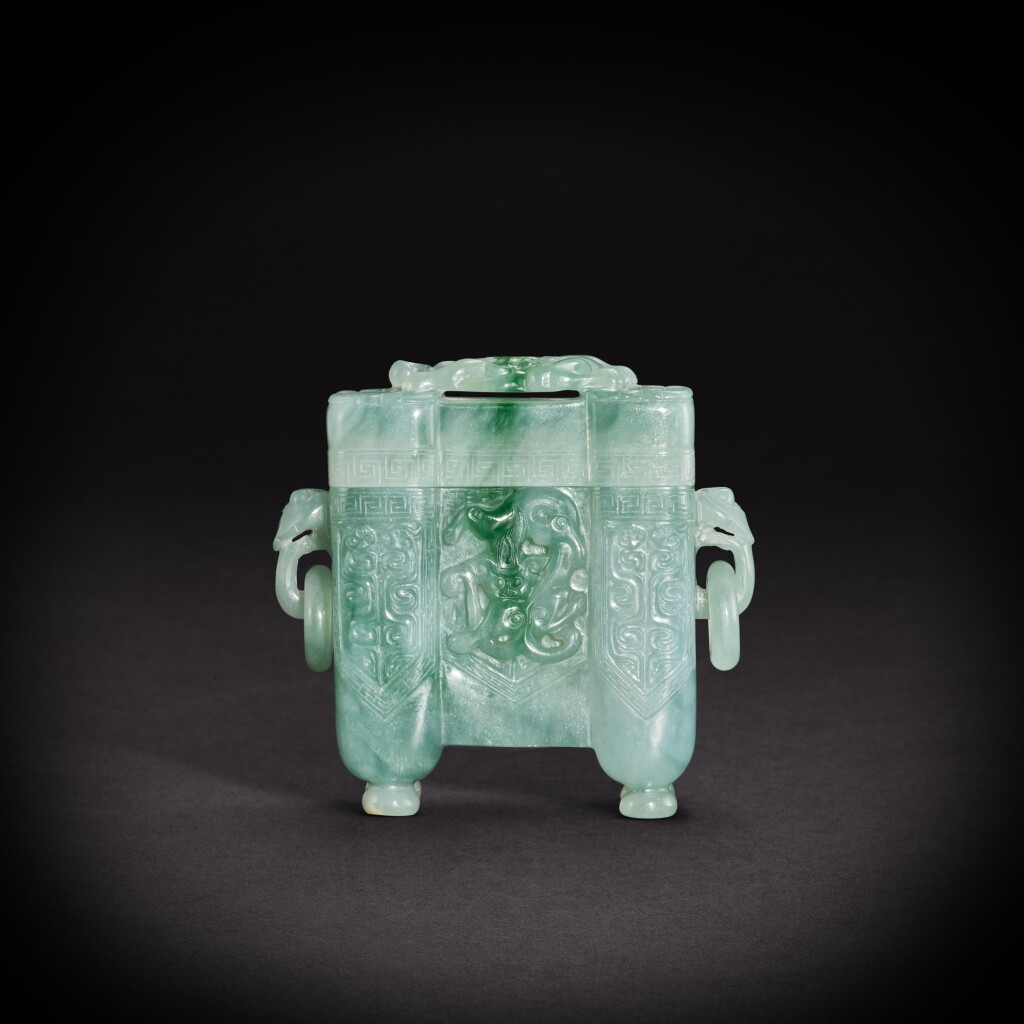 View full screen - View 1 of Lot 3574. A jadeite archaistic 'chilong' vessel and cover, ding, Qing dynasty, 19th century | 清十九世紀 翠玉仿古螭龍紋方鼎及蓋.