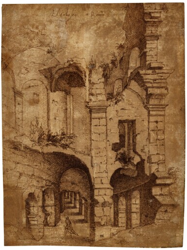 View full screen - View 1 of Lot 180. HIERONYMUS COCK | A MAN WALKING INSIDE THE RUINS OF THE COLOSSEUM.