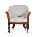 A LATE REGENCY MAHOGANY AND UPHOLSTERED LIBRARY TUB ARMCHAIR, SECOND QUARTER 19th CENTURY
