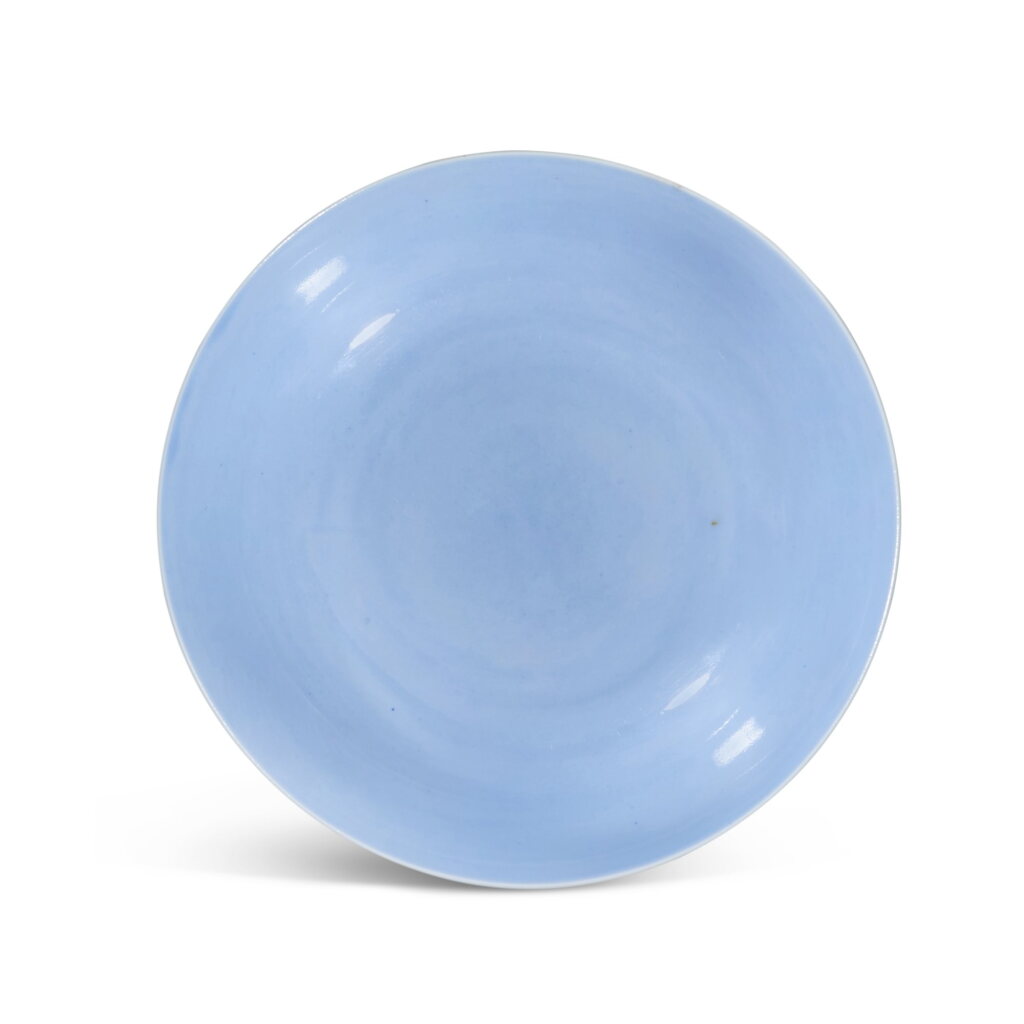 View full screen - View 1 of Lot 3650. A fine clair-de-lune-glazed saucer dish, Mark and period of Yongzheng | 清雍正 天藍釉撇口小盤 《大清雍正年製》款.