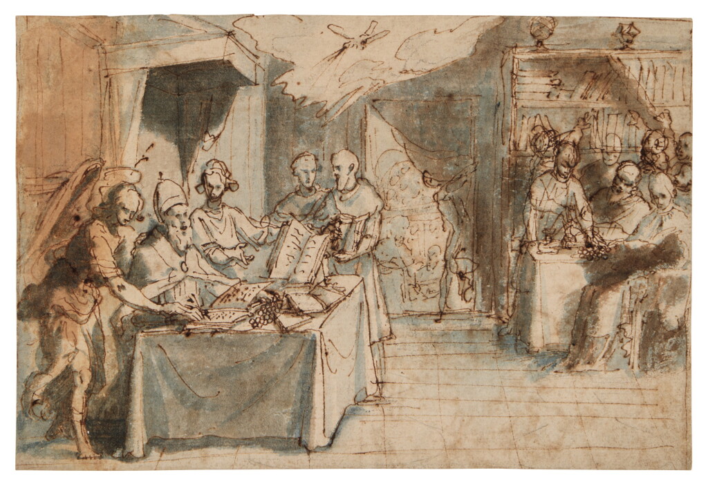 View full screen - View 1 of Lot 25. Recto: Pope Sixtus receiving Divine Inspiration for his writing; Verso: Studies for 'The Madonna and Child with Saints Michael and Peter' and other figures.