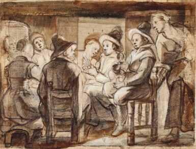 View full screen - View 1 of Lot 213. JACOB JORDAENS | RECTO: INTERIOR SCENE WITH FIGURES SEATED AROUND A TABLE; VERSO: PARTIAL STUDY OF A SIMILAR SCENE.
