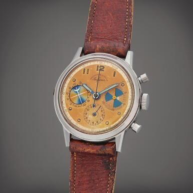 View full screen - View 1 of Lot 66. Reference 2443 Seafarer | Retailed by Abercrombie & Fitch Co: A stainless steel chronograph wristwatch with tide indicator, Circa 1955.
