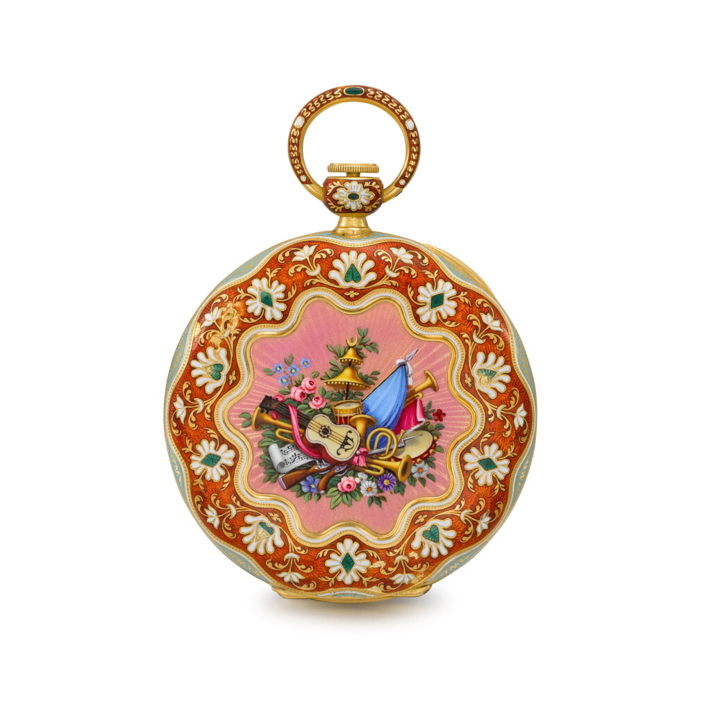 View full screen - View 1 of Lot 1358. A fine and rare gold and enamel hunting cased minute repeating cylinder watch made for the Ottoman market Circa 1830, no. 16158.