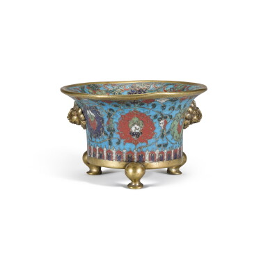 View full screen - View 1 of Lot 158. A cloisonné enamel censer, Ming dynasty, 16th/17th century | 明十六/十七世紀 掐絲琺瑯纏枝蓮紋獅耳三足爐.