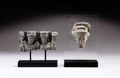 View full screen - View 1 of Lot 87. A schist head of bodhisattva and a stone fragment of two figures, Ancient region of Gandhara, 3rd - 5th century | 犍陀羅 三至五世紀 片岩雕菩薩首像及石雕半身立像一組兩件 .