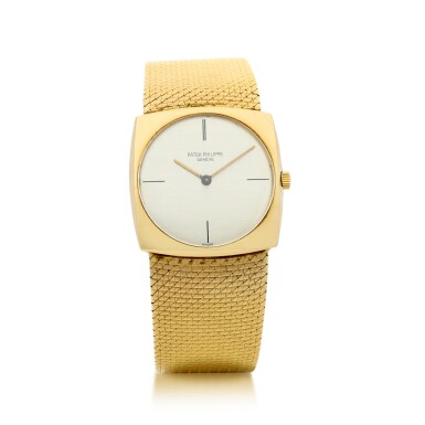 View full screen - View 1 of Lot 56. PATEK PHILIPPE | REFERENCE 3523/1 A YELLOW GOLD SQUARE-SHAPED BRACELET WATCH, MADE IN 1965.