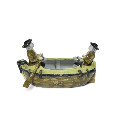 View full screen - View 1 of Lot 67. A Dutch Delft polychrome group of two gentlemen in a rowing boat, circa 1760-80.