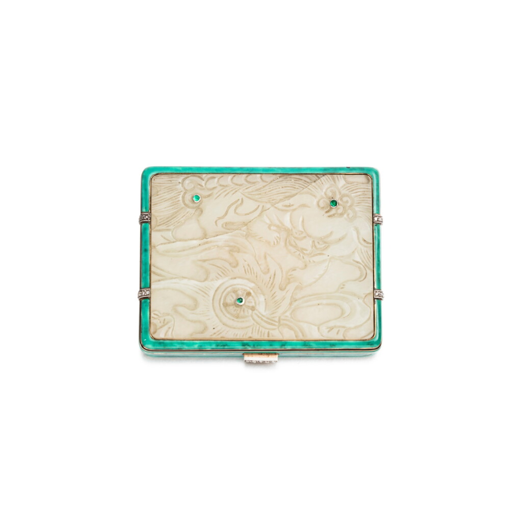View full screen - View 1 of Lot 131. Enamel, jade and diamond powderbox .