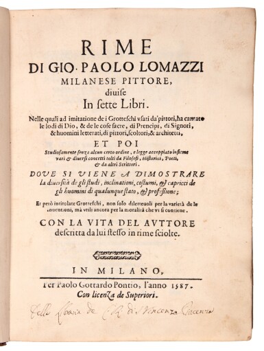 View full screen - View 1 of Lot 559. Lomazzo, Rime, Milan, 1587, later half calf.