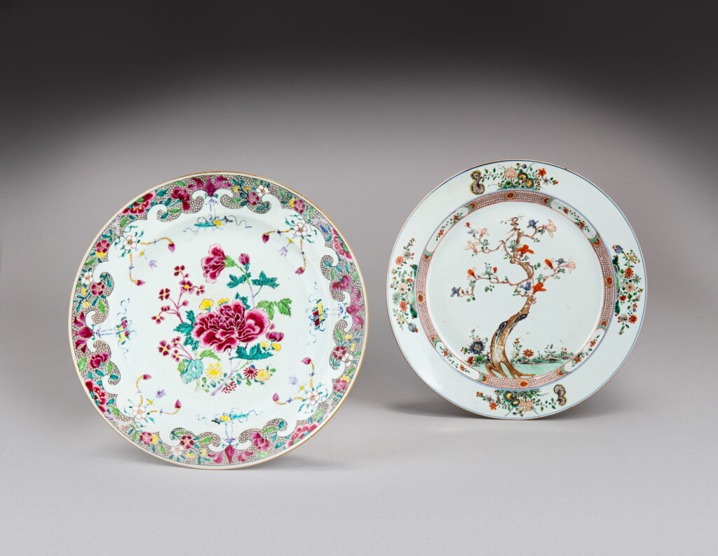 View full screen - View 1 of Lot 38. A Chinese export famille-rose ‘floral’ dish and a famille-verte ‘magnolia’ dish, Qing dynasty, Qianlong and Kangxi period | 清乾隆及康熙 外銷粉彩花卉紋大盤及五彩玉蘭花圖大盤一組兩件.
