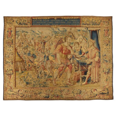 View full screen - View 1 of Lot 44. ‘King Ahab preparing for battle’, A Flemish Old Testament Biblical Tapestry, from the series ‘The Life of Ahab and the Kings of Israel’, Brussels, circa 1550, workshop of Cornelis de Ronde.