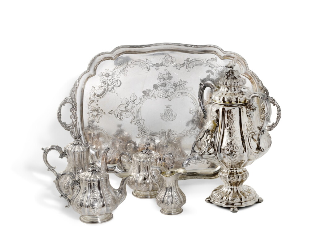 View full screen - View 1 of Lot 145. A SIX-PIECE SILVER TEA AND COFFEE SERVICE, SAZIKOV, MOSCOW, 1861-1862.