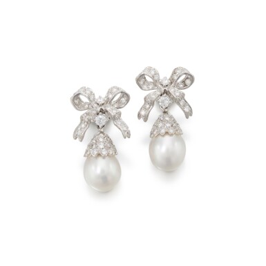 View full screen - View 1 of Lot 241. Pair of cultured pearl and diamond earrings (Paio di orecchini in perle coltivate e diamanti).