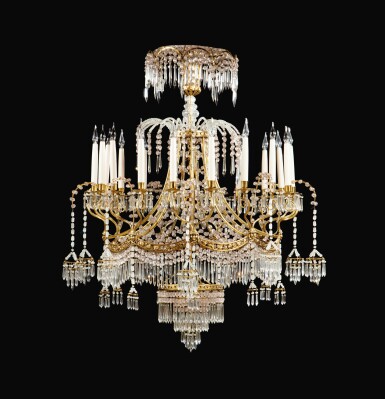 View full screen - View 1 of Lot 215. A neoclassical style gilt brass and cut-glass chandelier .