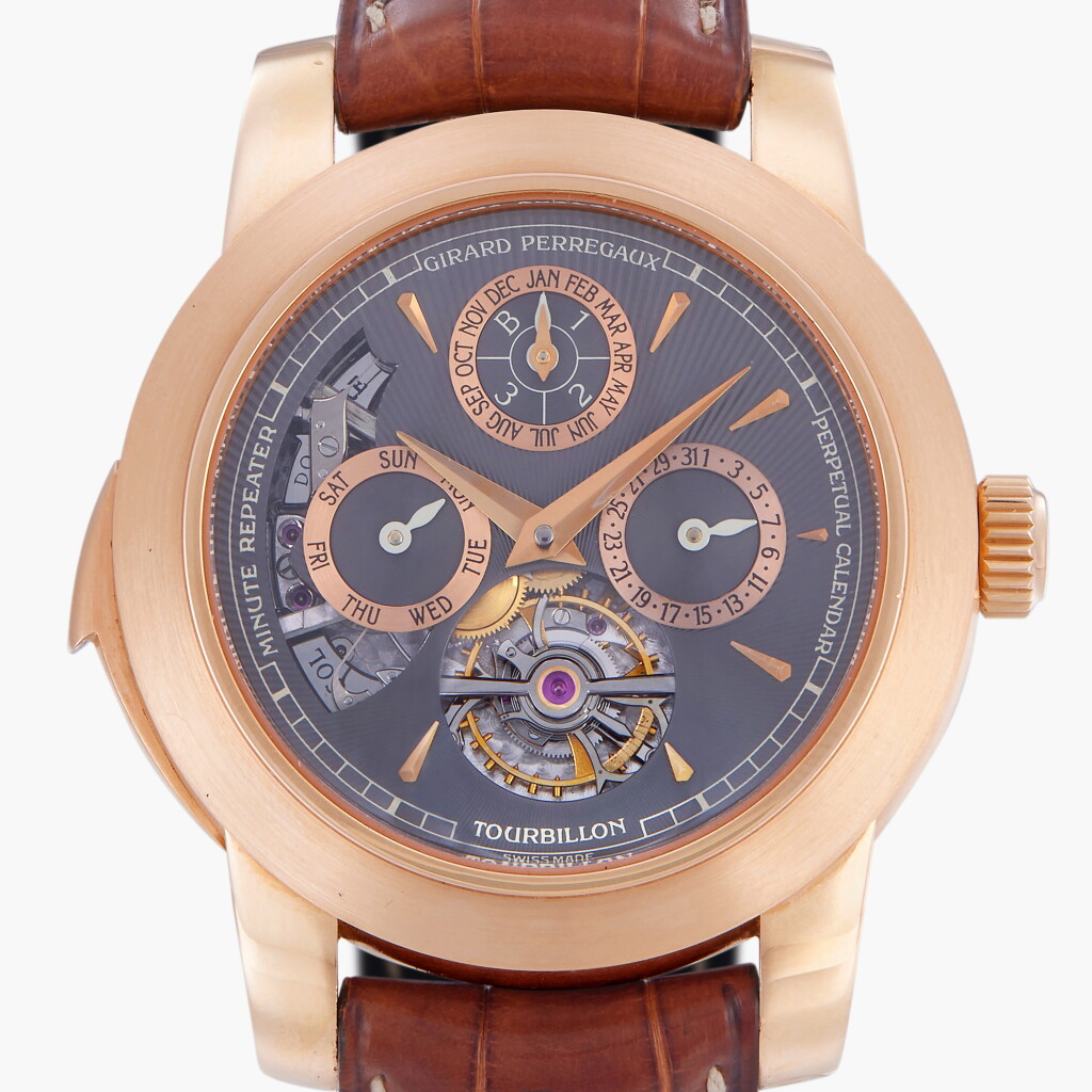 View full screen - View 1 of Lot 28. Opera Two | A unique pink gold semi-skeletonized perpetual calendar minute repeating tourbillon wristwatch with Westminster carillon chimes | Circa 2004.