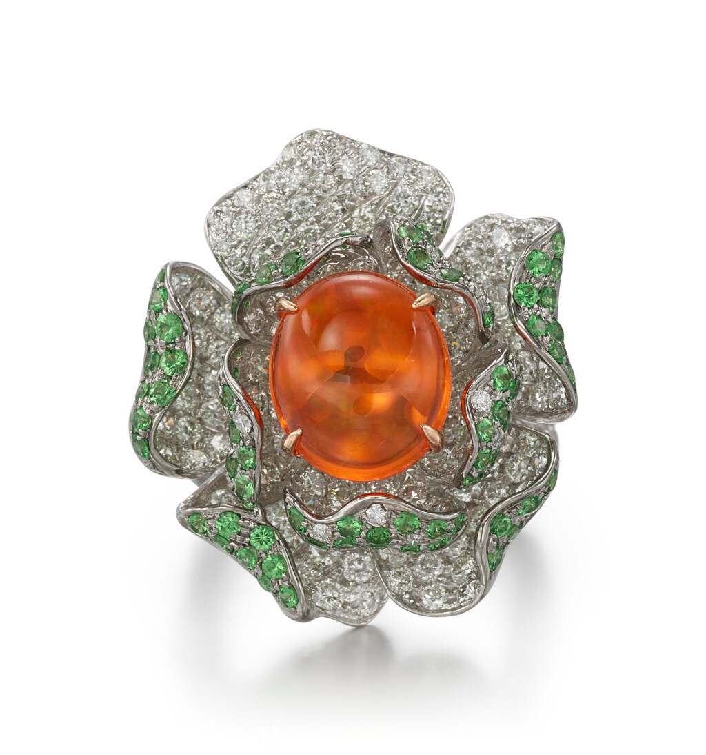 View full screen - View 1 of Lot 9169. FIRE OPAL, GARNET AND DIAMOND RING | 火蛋白石 配 石榴石 及 鑽石 戒指.