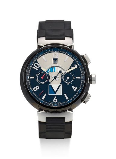 View full screen - View 1 of Lot 8206. LOUIS VUITTON | LOUIS VUITTON TAMBOUR REGATTA V3 LV CUP, REFERENCE Q102G, A PVD COATED STAINLESS STEEL CHRONOGRAPH WRISTWATCH WITH DATE AND REGATTA COUNTDOWN INDICATION, CIRCA 2012.